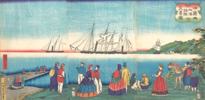 رسم توضيحي لتجارة ميناء فرنسي كبير مع العديد من الدول Furansukoku oomi ... ، الشهر الرابع ، 1866. بواسطة تسوكيوكا يوشيتوشي