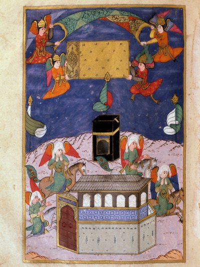 ملائكة تزين الكعبة (الكعبة أو الكعبة) في المنمنمات التركية بمكة بواسطة رسام سوث عبد الله في بلاط مراد الثالث بواسطة المدرسة التركية