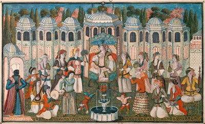 وليمة لفاليد سلطانة بحضور السفيرة الفرنسية مدام جيردين (مرحاض وغواش على ورق) بواسطة المدرسة التركية