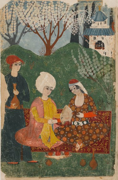 الورقة من نص مجهول ؛ المستقيم: الأمير والأميرة يجلسان على سجادة ، اسطنبول ، c.1700-25 (ألوان مائية مبهمة ، حبر وذهب على ورق) بواسطة المدرسة التركية