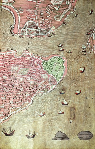 H 1523 fol.159v منظر لقصر توبكابي ومضيق البوسفور ، إسطنبول ، من Hunername بواسطة Lokman ، 1558 (قلم وحبر وغواش على ورق) (انظر أيضًا 229557) بواسطة المدرسة التركية
