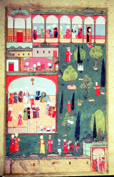 H 1524 f.242r مجلس الوزراء في قصر توبكابي ، من "اسم المستخدم" بواسطة لقمان ، 1588 بواسطة المدرسة التركية