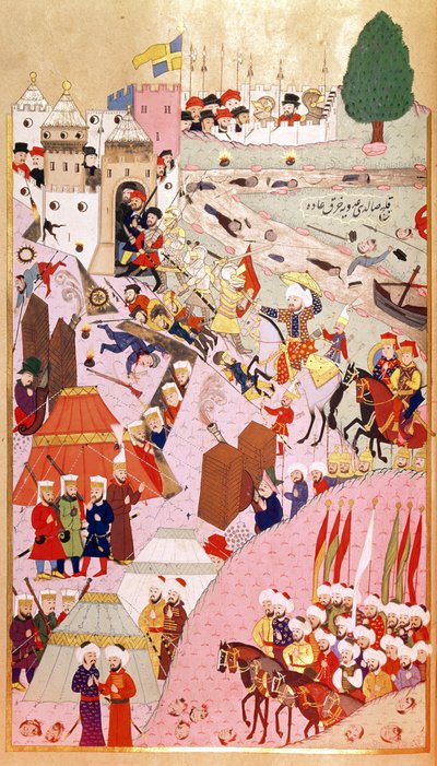 الهجوم على بلغراد السلطان محمد الثاني "الفاتح" (1432-1481) ، من "هونرناما" (Mss Hazine. 1524) بواسطة المدرسة التركية