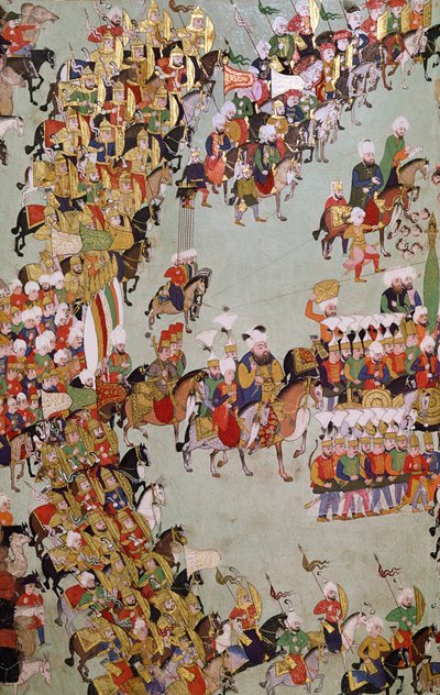 غزو إيجر ، من Egri Fetihnamesi (الحبر والمرحاض وورقة الذهب على الرق) بواسطة المدرسة التركية