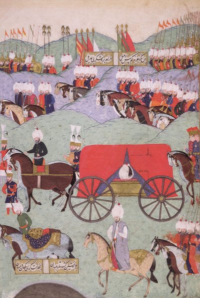 عودة جثمان السلطان سليمان (1521-1566) منسوخة لمكتبة الملوك ، اسطنبول ، 1579 بواسطة المدرسة التركية