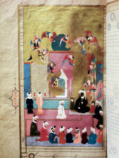 النبي محمد (محمد أو محمد) (570-632) (وجهه مغطى) أثناء المعصرة ، صعوده إلى السماء السابعة ، منمنمة من مخطوطة "زبدة الطوارخ" (أو زبدة الطوارخ) للمؤرخ سيد لقمان عاشوري تحت ريم مراد الثالث (1 بواسطة المدرسة التركية