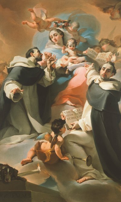 سيدة الوردية مع الطفل ، سانت دومينيك وسانت فنسنت فيرير ، حوالي عام 1773 ، بقلم أوبالدو غاندولفي (1728-1781) بواسطة أوبالدو جاندولفي