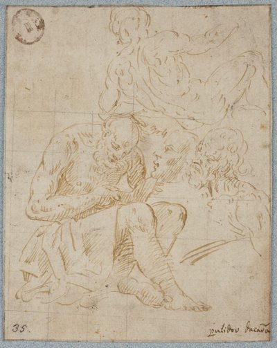 دراسة لشخص يقرأ جالسًا ، رجل عاري سجود من الخلف ، ورأسان من الذكور بواسطة Polidoro da Caravaggio