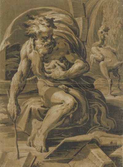 ديوجين ، جالسًا أمام برميله ، يقرأ من كتاب ، دجاجة منتفخة واقفة ... ، كاليفورنيا. 1527 - 30. بواسطة أوغو دا كاربي