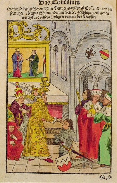 هنري أولم يمنح لقب فارس من قبل الإمبراطور في مجلس كونستانس ، من "Chronik des Konzils von Konstanz" بواسطة أولريش فون ريتشينتال