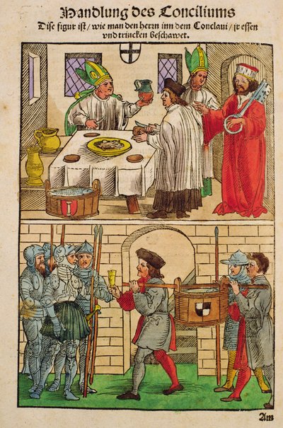 كيف تم توزيع الخبز والنبيذ على الناس خلال مجلس كونستانس ، من "Chronik des Konzils von Konstanz" بواسطة أولريش فون ريتشينتال