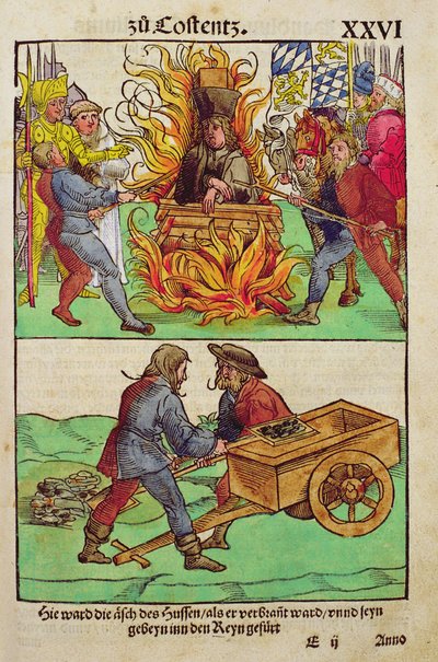 إعدام جان هوس أو أحد كهنةه في مجمع كونستانس ، من "Chronik des Konzils von Konstanz" بواسطة أولريش فون ريتشينتال