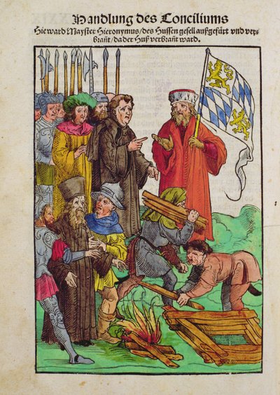 إعدام جان هوس أو أحد كهنةه في مجلس كونستانس ، من "Chronik des Konzils von Konstanz" بواسطة أولريش فون ريتشينتال