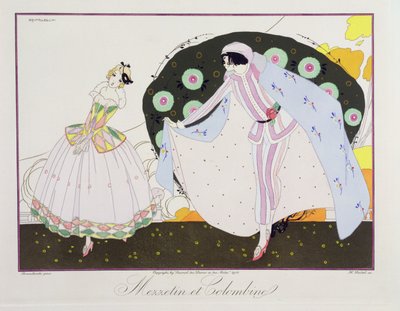 Mezzetin and Colombine ، من إصدار "أقنعة وشخصيات المسرح الإيطالي" من Le Journal des Dames et des Modes ، نقش بواسطة Henri Reidel (fl. 1914-20) 1914 (litho litho) بواسطة أومبرتو (بعد) برونليسكي