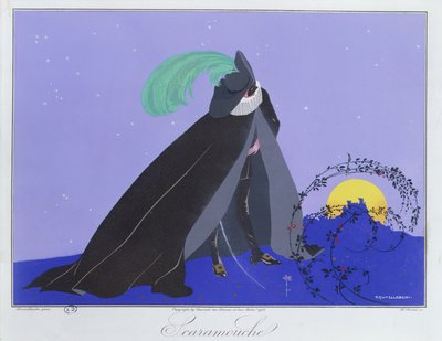 Scaramouche، من طبعة "أقنعة وشخصيات المسرح الإيطالي" من Le Journal des Dames et des Modes، نقشها هنري ريدل (fl.1914-20) 1914 (ليثو ملون) بواسطة أومبرتو (بعد) برونليسكي