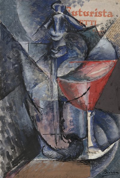 الحياة الساكنة: Glass and Siphon، c.1914 (Collage، gouache، pen and ink) بواسطة Umberto Boccioni