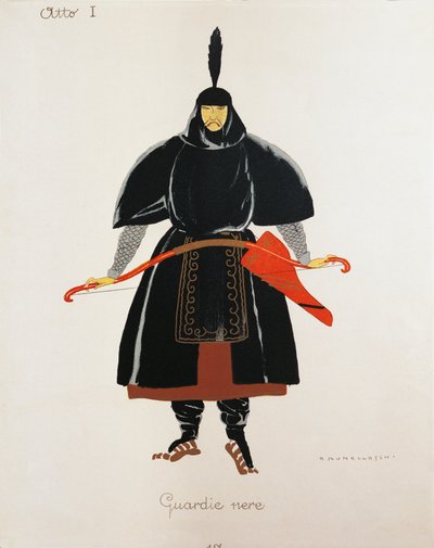 زي للحراس السود من توراندوت بقلم جياكومو بوتشيني ، رسم تخطيطي لأومبرتو برونليسكي (1879-1949) للأداء الأول للأوبرا في تياترو ألا سكالا في ميلانو ، 25 أبريل بواسطة أومبرتو برونليسكي