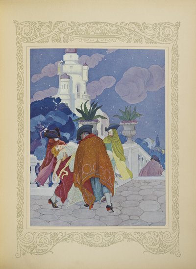 حملها أربعة رجال ملثمين إلى أعلى البرج ، رسم توضيحي من "Contes du Temps Jadis" ، أو "Tales from Times Past" ، الصفحة 22 بواسطة أومبرتو برونليسكي