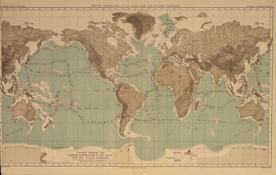 16 رسمًا بيانيًا توضح درجات حرارة المحيط و 16 مخططًا توضح درجات حرارة المحيط على أعماق مختلفة ، مأخوذة من تقارير رحلة تشالنجر البحرية بواسطة غير معروف