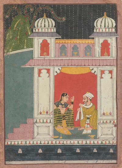 بطلة وعشيقها في جناح: صفحة من Nayikabheda المتفرقة ، كاليفورنيا. 1660-80. بواسطة غير معروف