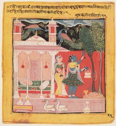 سيدة نتف الزهور مع الطاووس ، Gunakali Ragini من Malkos ، من Chawand Ragamala ، 1605. بواسطة غير معروف