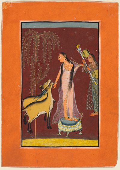 سيدة مع المصاحبة وزوج من الغزلان ، ربما Gujari Ragini من Dipak ، من Pahari Ragamala ، 1 بواسطة غير معروف