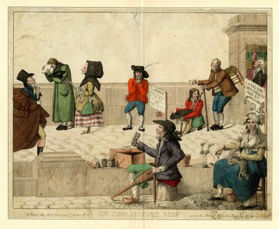 زاوية من بونت نوف ، باريس ، مع المتسولين الأعرج والباعة الجائلين ، حوالي عام 1813. بواسطة غير معروف