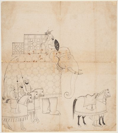 رسم للفيل والخيول المغطاة ، ج. 1760. بواسطة غير معروف