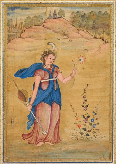 صورة أنثوية تقف في منظر طبيعي تحمل كوشير رباعي الخيوط ولوتس ، ج. 1590. بواسطة غير معروف