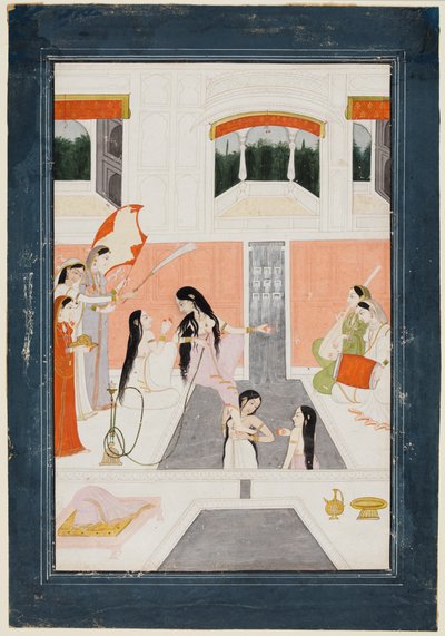 سيدة في مرحاضها تستمع إلى الموسيقى بجوار شلال مياه القصر ، ج. 1780. بواسطة غير معروف