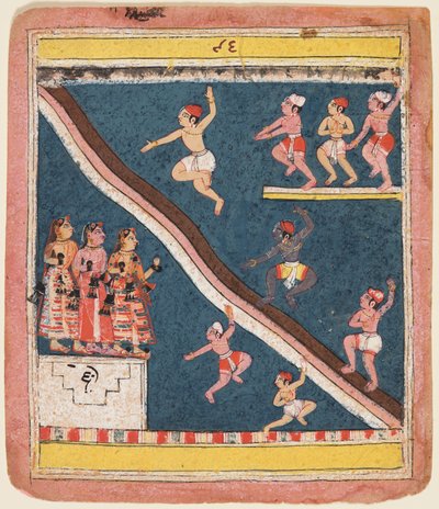 صفحة من Rasikapriya of Kesava Das: كريشنا وغوص غوص في بركة ، ج. 1640. بواسطة غير معروف
