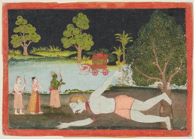 صفحة من رامايانا: راما ولاكشمان وسيتا أمام عملاق مقتول ، ج. 1770. بواسطة غير معروف