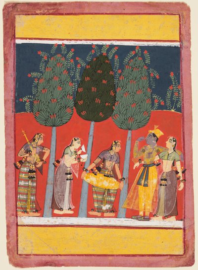 صفحة من سلسلة Rasikapriya: Krishna و Radha و Sakhis مع الآلات الموسيقية ، ج. 1650 بواسطة غير معروف