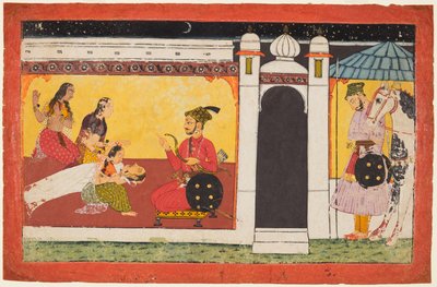 امرأة يغمى عليها أمام الأمير ، مشهد ليلي من سلسلة Madhavanala Kamakandala ، ج. 1700. بواسطة غير معروف