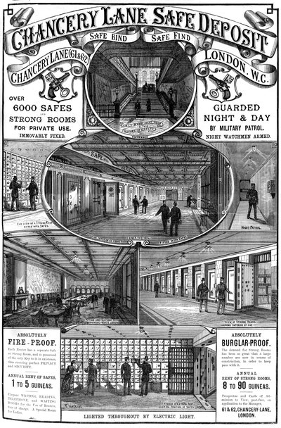 الإعلان عن الإيداع الآمن لـ Chancery Lane ، لندن ، 1887 بواسطة غير معروف