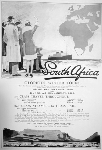 إعلان عن جولات الشتاء في جنوب أفريقيا 1928 بواسطة غير معروف
