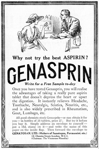 إعلان عن Genasprin ، علامة تجارية مملوكة لعقار الأسبرين. 1919 بواسطة غير معروف