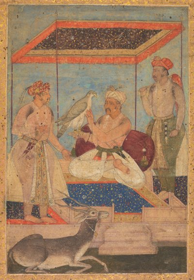 أكبر وجاهانجير يفحصان صقرًا بينما الأمير خسرو يقف خلفه ، ج. 1602-1604. بواسطة غير معروف