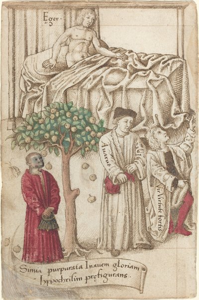 قرد يرتدي البنفسجي مع رجل مريض ورجل صالح وبخيل [fol. 36 الظهر] ، ج. 15121515. بواسطة غير معروف