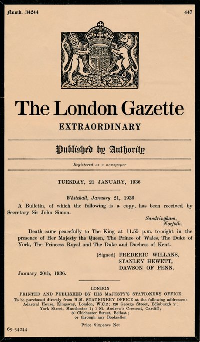 نشرة غير عادية من جريدة لندن تعلن وفاة الملك جورج الخامس 1865-1936 بواسطة غير معروف