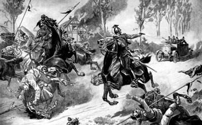 تعرضت القوات البلجيكية المدرعة لهجوم من قبل أولانس ، الحرب العالمية الأولى ، 1914 بواسطة غير معروف