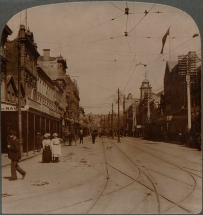 طريق أوكلاندز الرئيسي للأعمال ، Queen St. ، أبحث S. ، نيوزيلندا ، c1900 بواسطة غير معروف