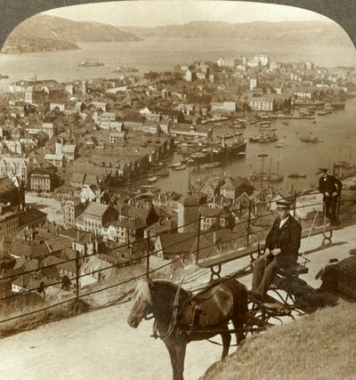 بيرغن ، غربًا من فلو فيلد ، فوق يمين المرفأ وبودفيجورد البعيد ، النرويج ، c1905. بواسطة غير معروف