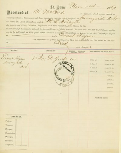 بوليصة الشحن ، القارب البخاري M [ary] E. Forsyth ، Sunnyside ، Arkansas ، 1 نوفمبر 1864 بواسطة غير معروف