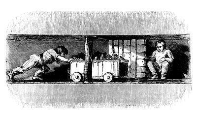 صبي يدفع شاحنة محملة بالفحم من وجه الفحم إلى أسفل عمود الحفر ، c1848 بواسطة غير معروف