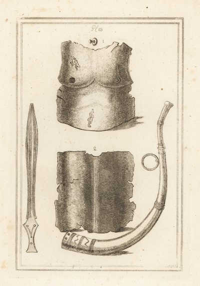 صدرية وقطعة خلفية من cuirass الروماني القديم 1،2 ، Roman Lituus أو البوق العسكري 3 والسيف النحاسي القديم 4 بواسطة غير معروف