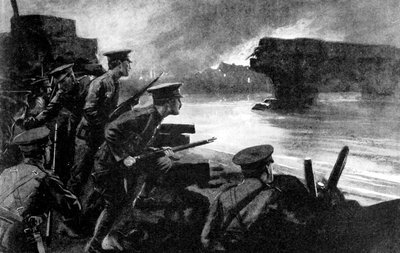 أعدت القوات البريطانية على ضفة النهر للتقدم الألماني ، بلجيكا ، الحرب العالمية الأولى ، 1914 بواسطة غير معروف
