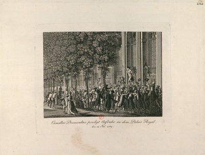 كميل ديسمولين في قصر باليه رويال جاردنز ، ج. 1797-1800. بواسطة غير معروف
