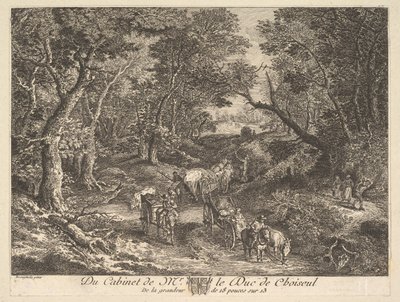 عربات على طريق عبر الغابة بعد لوحة في مجموعة Duc de Choiseul ، 1771. بواسطة غير معروف