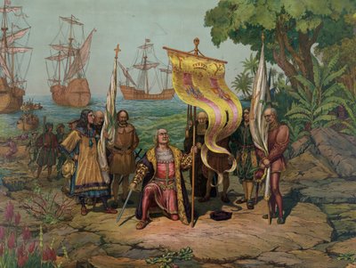 كريستوفر كولومبوس (1451-1506) يدعي "العالم الجديد" لإسبانيا (الطباعة الحجرية) بواسطة غير معروف